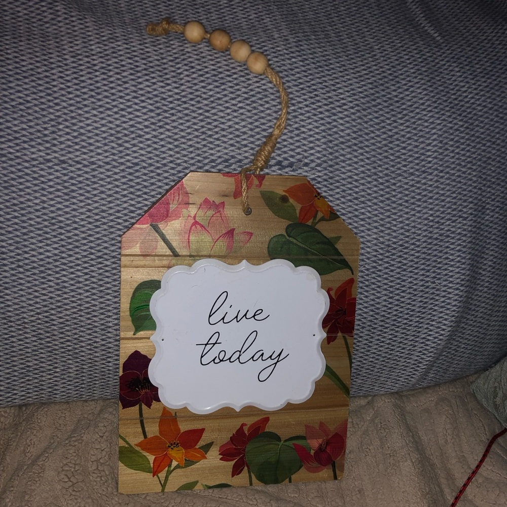 Hanging wood sign, beaded rope, attached metal “live today”